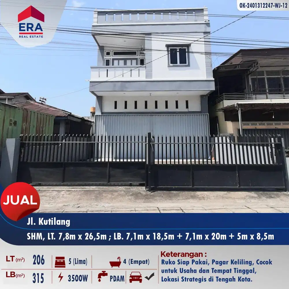 Dijual ruko di tengah kota, bangunan tunggal Jl. Kutilang