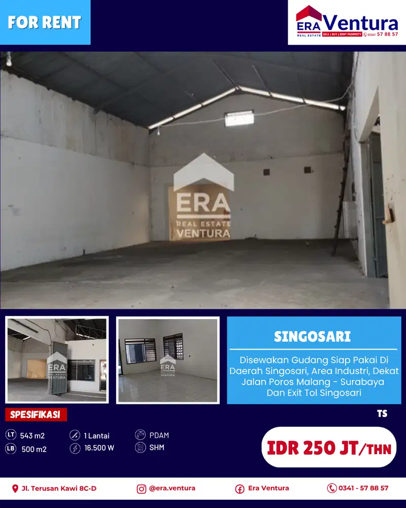 Disewakan Gudang Siap Pakai Di Daerah Singosari, Dekat Exit Tol
