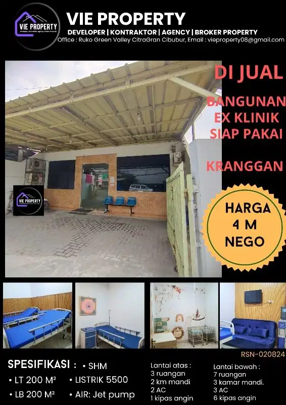 MURAH  DIJUAL CEPAT BANGUNAN KLINIK DI KRANGGAN BEKASI