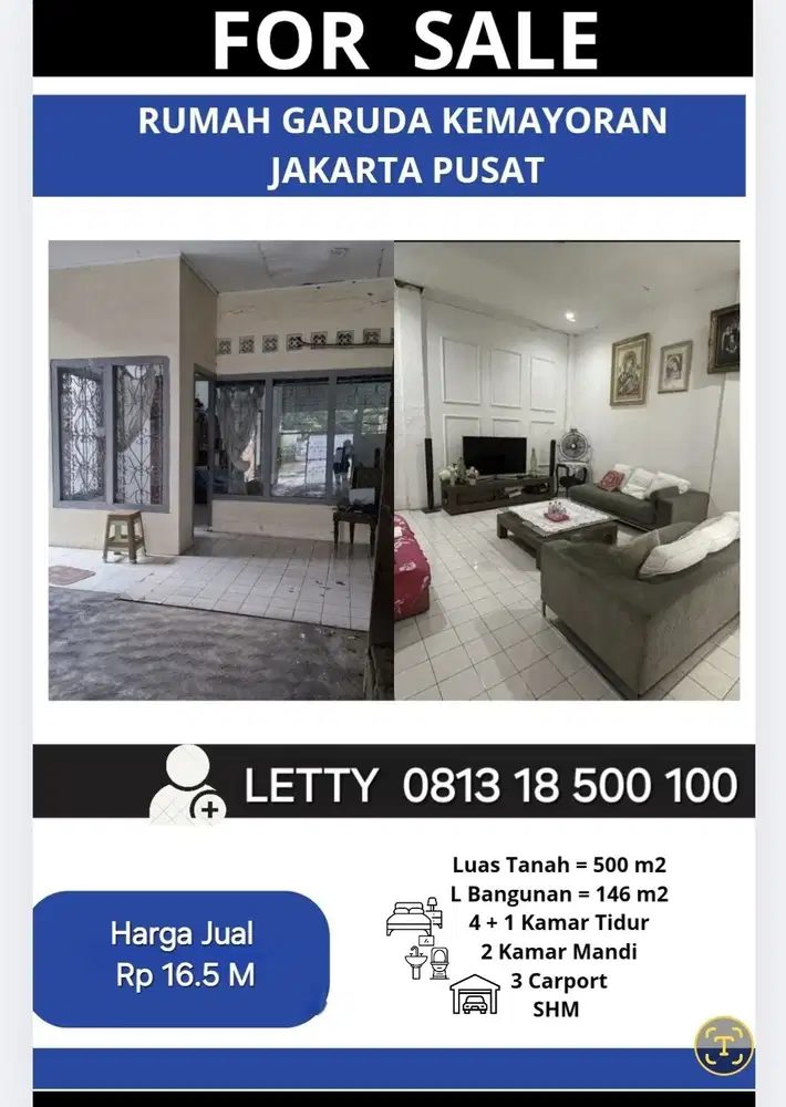 Turun Harga Rumah Garuda Jakarta Pusat Rp 16.5 M Nego