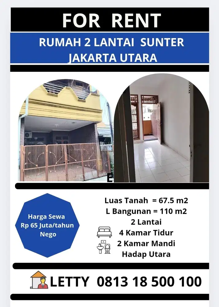 Rumah 2 Lantai Sunter Jakarta Utara Rp 65 Juta/ tahun Nego