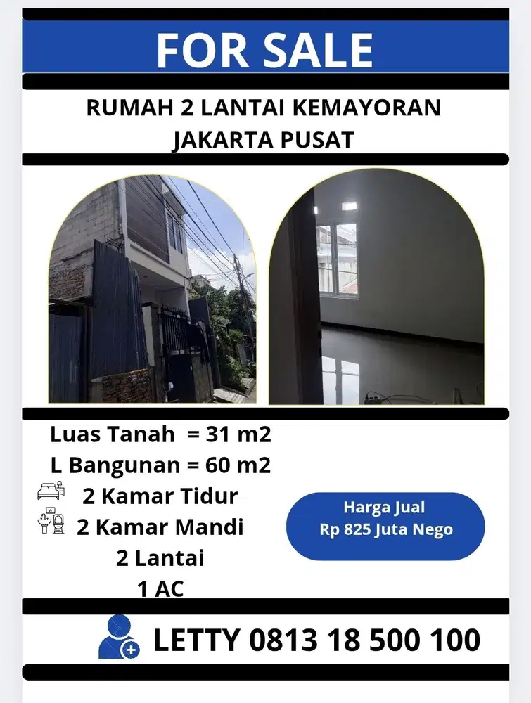Rumah 2 Lantai Kemayoran Jakarta Pusat Rp 825 Juta Nego