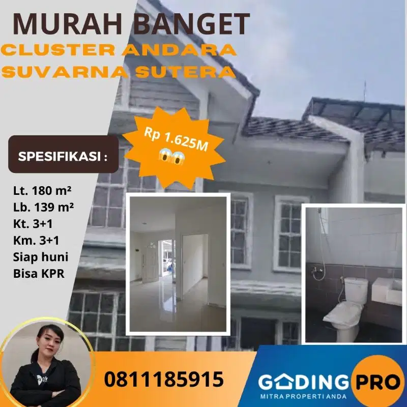 Dijual Murah Banget Andara Lt. 180 Rp 1.625M Suvarna Sutera Tangerang