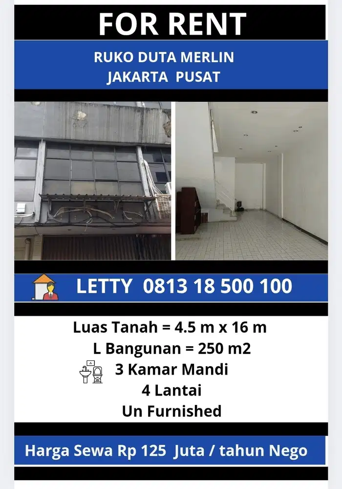 Ruko Duta Merlin Jakarta Pusat Rp 125 Juta / tahun Nego