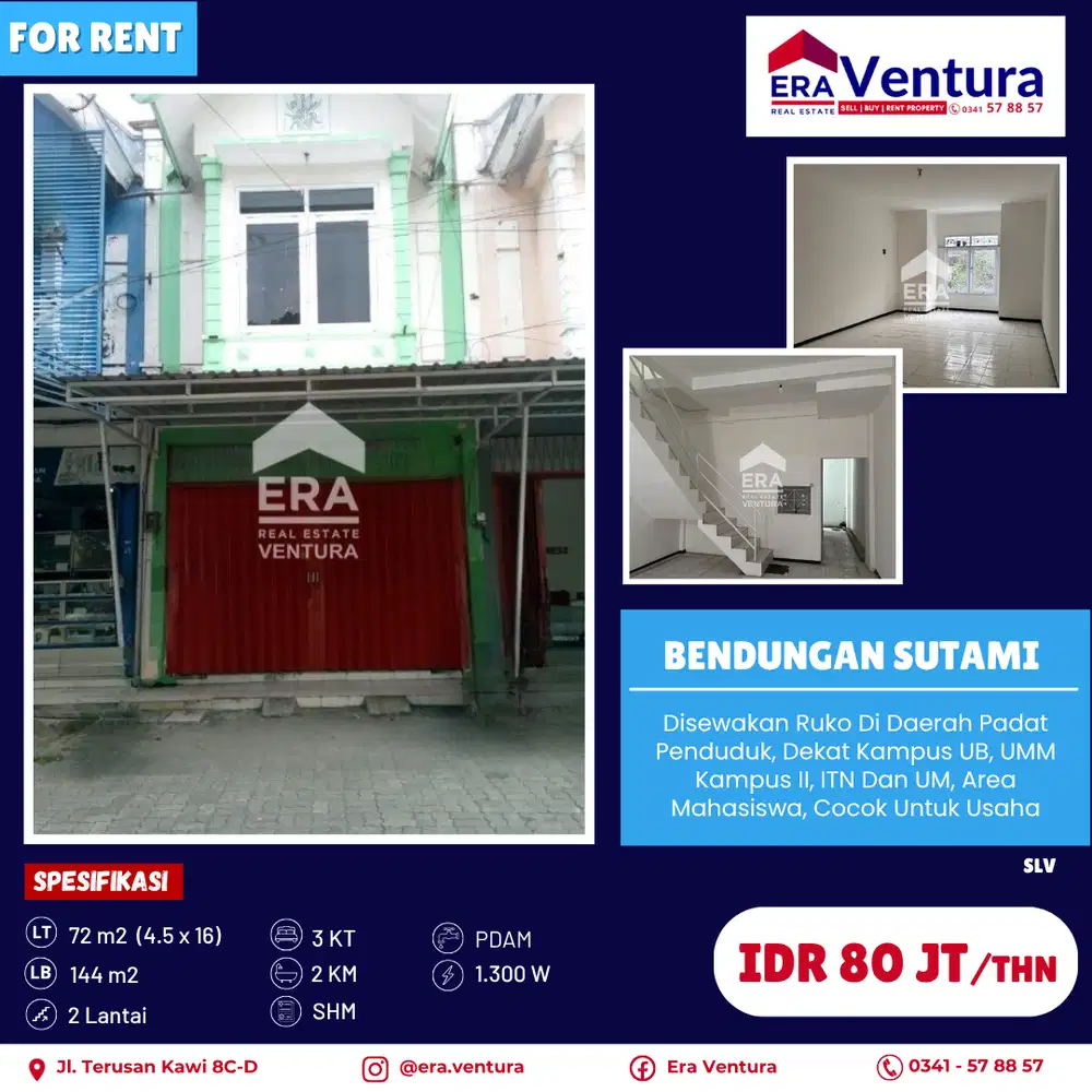 Disewakan Ruko Di Bendungan Sutami, Dekat UB, UM, UMM Kampus II, ITN