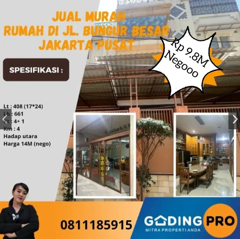Jual Cepat Rumah Di Jl. Bungur Besar Jakarta Pusat