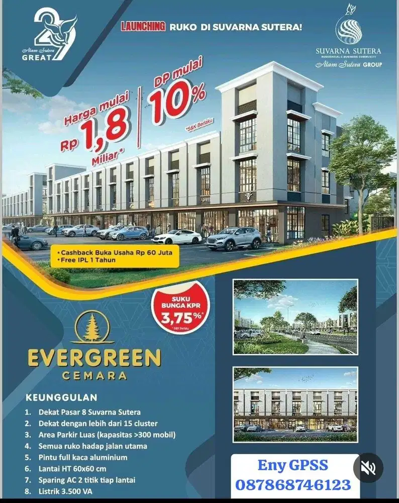 Ruko 3Lantai Lokasi Strategis untuk Usaha di Evergreen, Suvarna Sutera