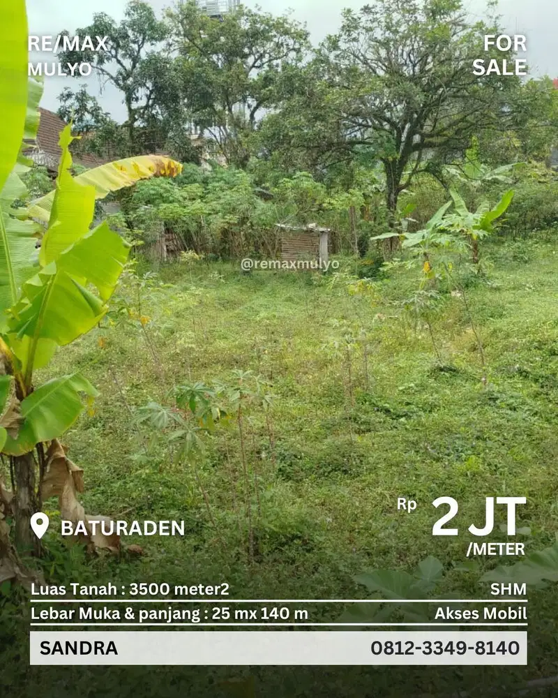 Dijual Tanah Seluas 3500 M2 Area Kota Baturaden