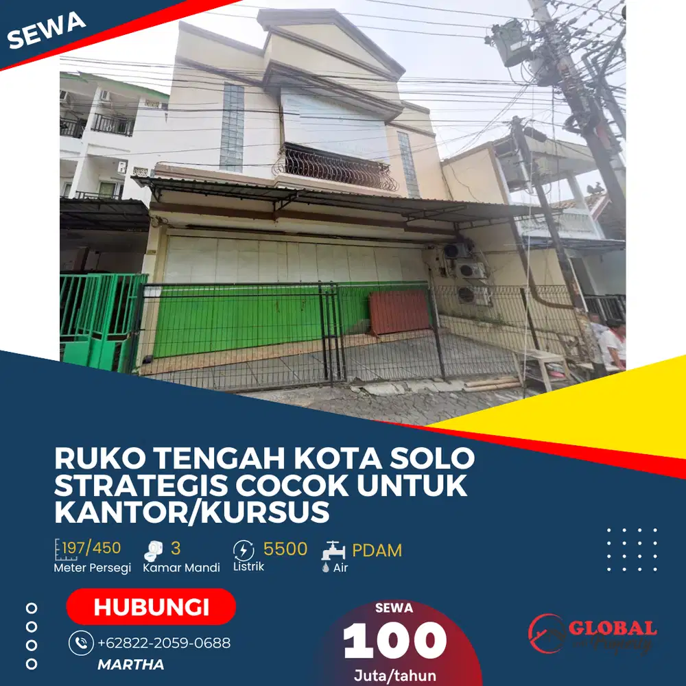 Ruko Tengah Kota Solo Strategis Cocok untuk Kantor atau Kursus