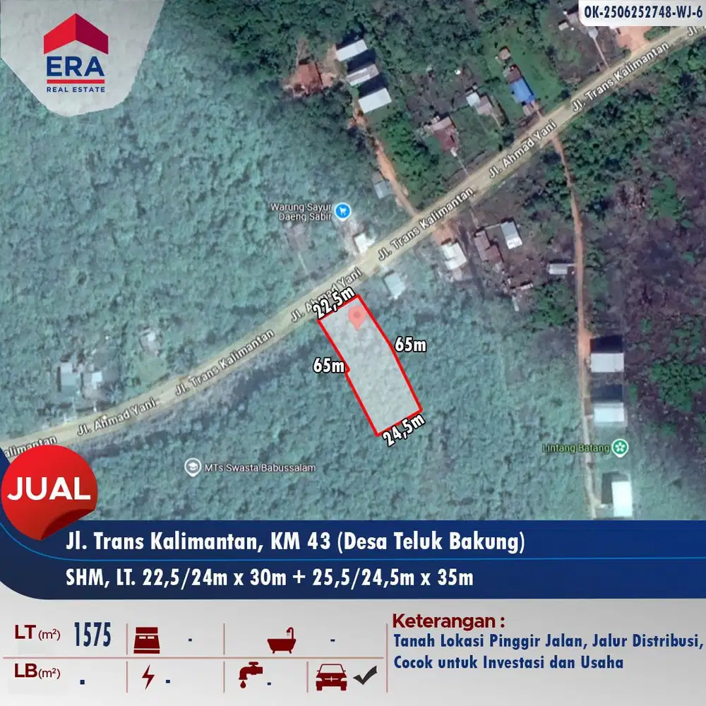 Dijual sebidang tanah pinggir Jl. Trans Kalimantan km 43