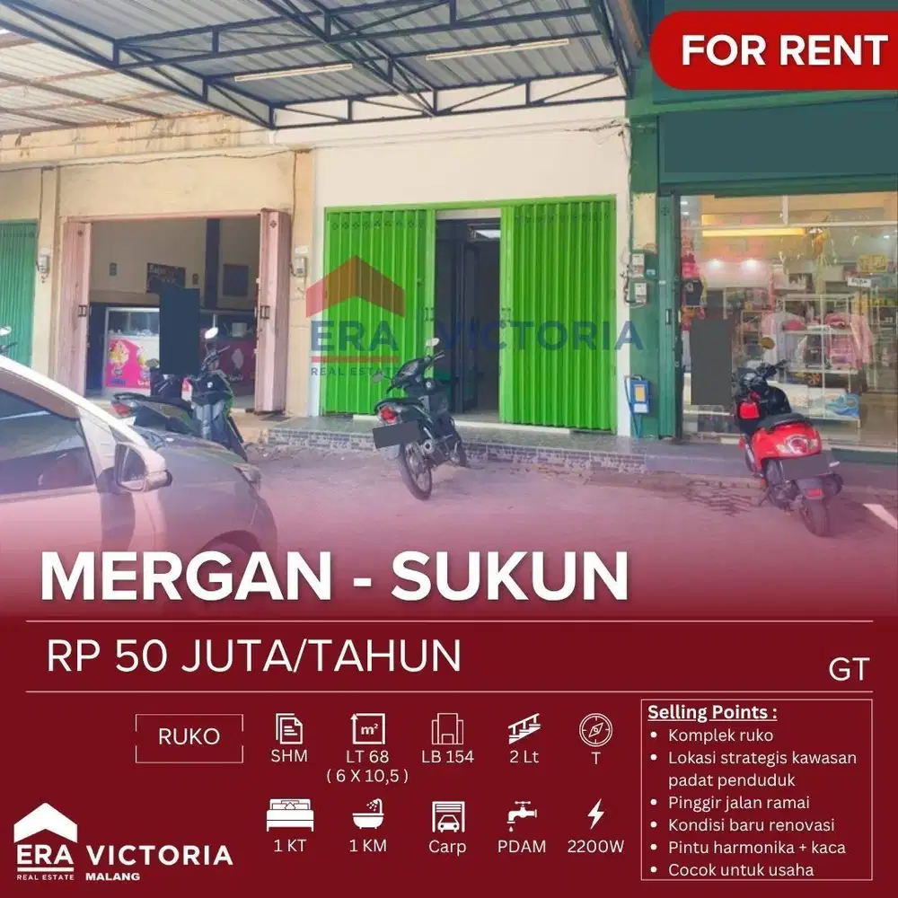 Ruko Strategis Area Sukun Padat Penduduk Pinggir Jalan Lingkungan Ruko