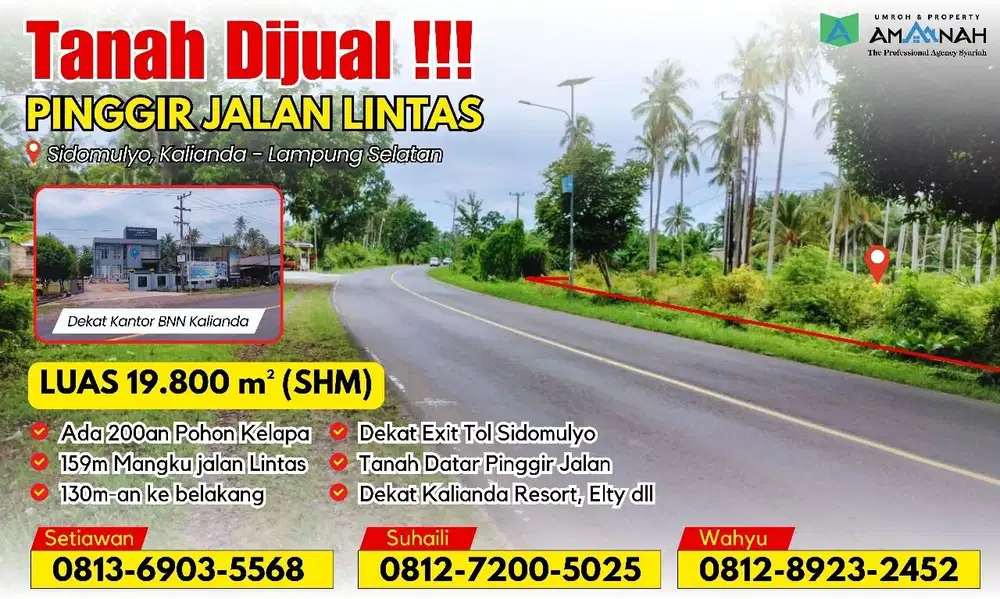 TANAH PINGGIR JALAN RAYA SAMPING BNN KALIANDA DIJUAL CEPAT