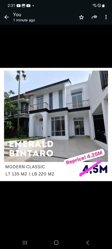 Dijual rumah bagus brand new Emerald Residence lt 135 m2 , lb 220 m2,