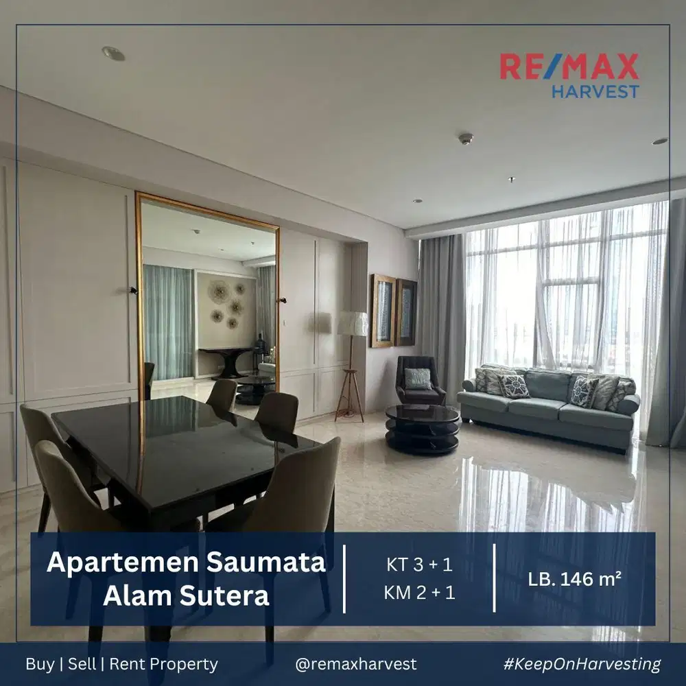 Free IPL Disewakan 3 BR Furnished Murah Apartemen Saumata