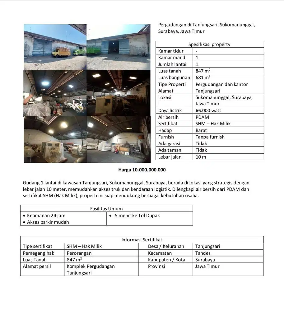 Dijual gudang di surabaya, tanjungsari sukomanunggal dekat tandes