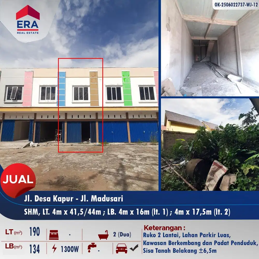 Dijual ruko 2lt dgn halaman luas di Jl. Desa Kapur