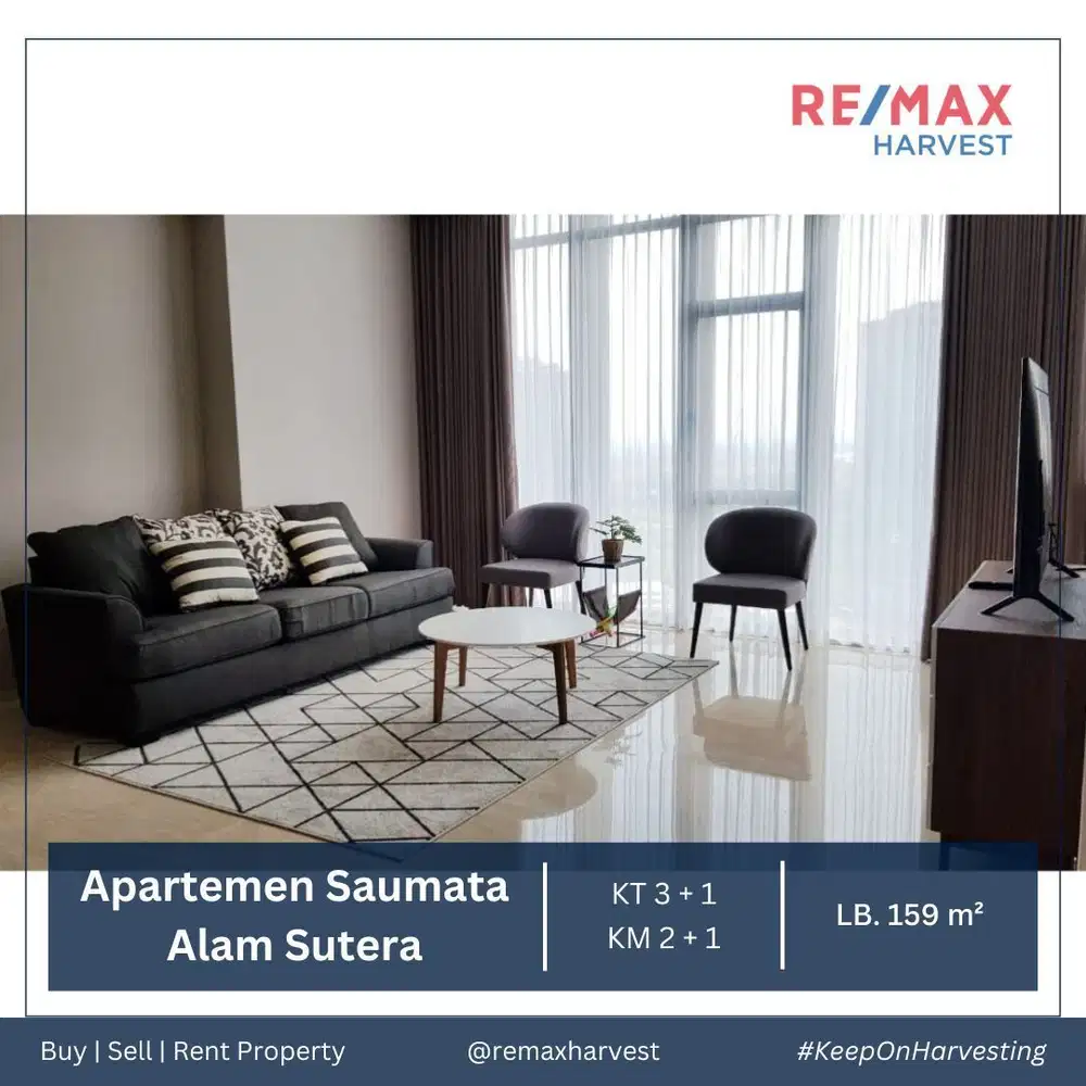 APARTEMEN SAUMATA 3 BED PLUS PRIVATE LIFT SUDAH FURISHED, Alam Sutera