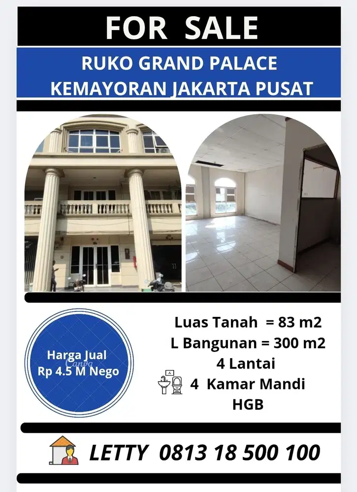 Ruko Grand Palace Kemayoran Jakarta Pusat Rp 4.5 M Nego