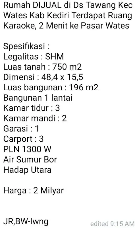 Rumah dekat Pasar Wates Tawang