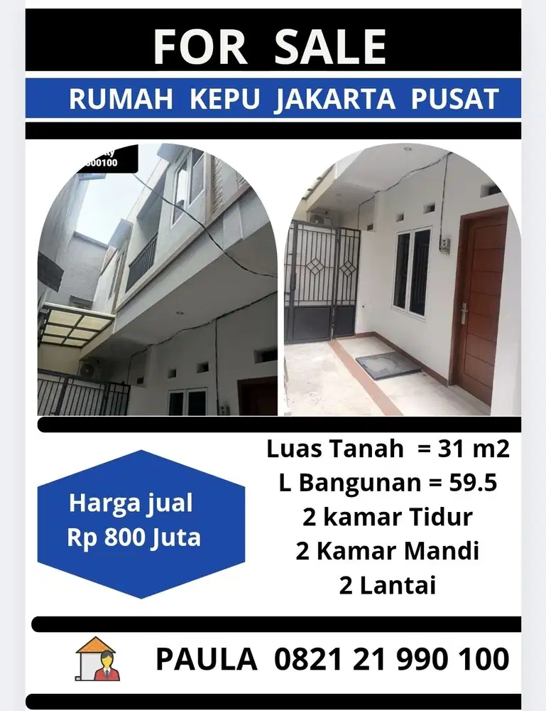 Rumah 2 Lantai Kepu Kemayoran Jakarta Pusat Rp 800 Juta