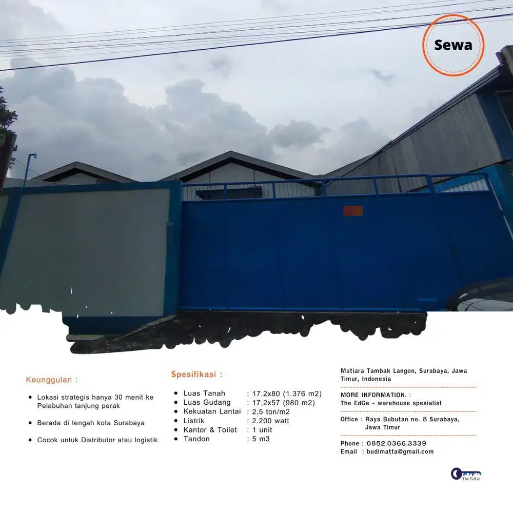 disewakan gudang siap pakai 10 menit dari pelabuhan Teluk Lamong