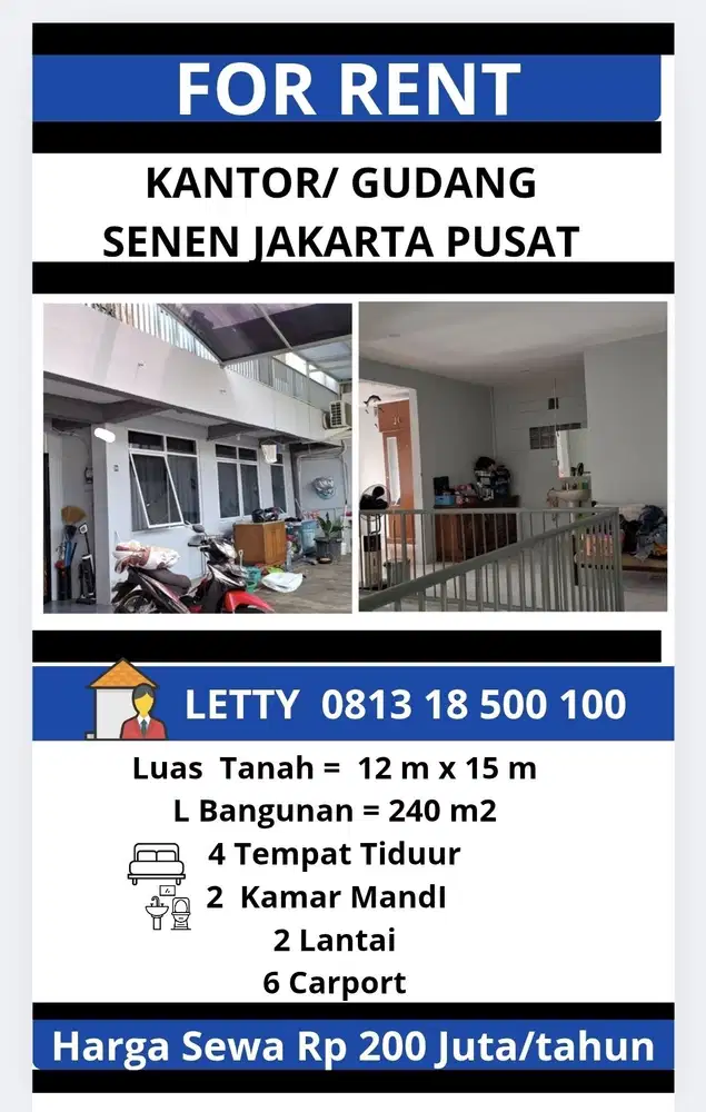 Kantor/ Gudang Senen Jakarta Pusat Rp 185 Juta / tahun Nego