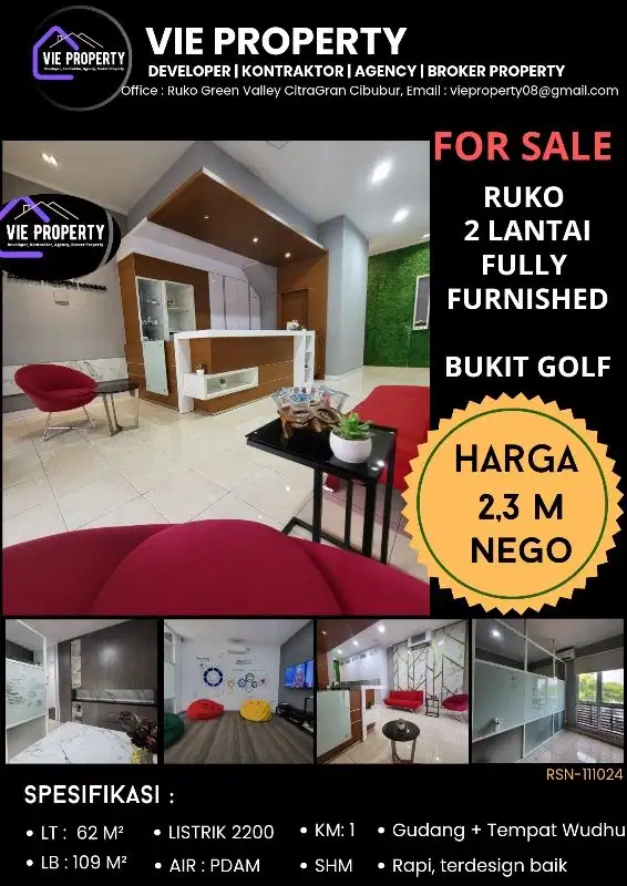DIJUAL CEPAT RUKO DESIGN CANTIK FURNISHED, RAPI DI BUKIT GOLF