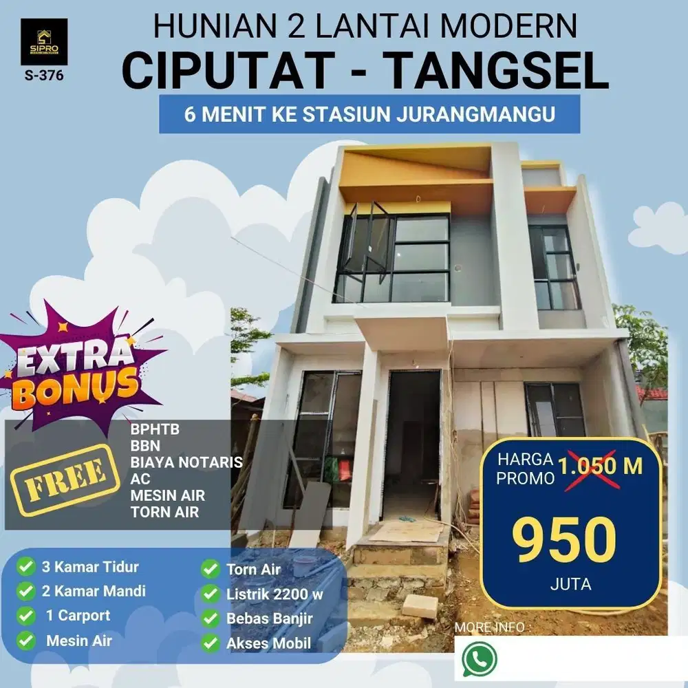 S376.Rumah 2Lt Dkt St jurangmangu hny 900 Jt-an di Ciputat Tangsel