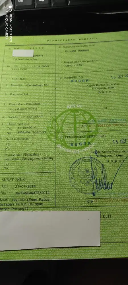 DIJUAL TANAH SIAP BANGUN – 688 m² – SHM – PANCAWATI, BOGOR