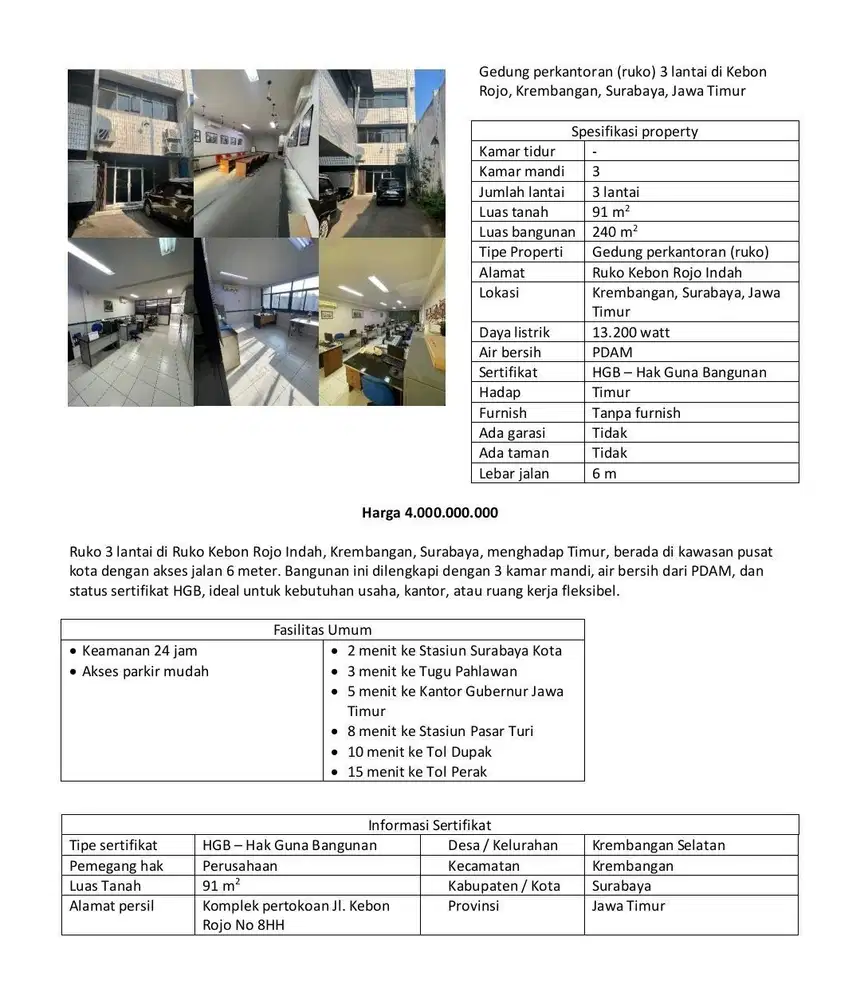 Dijual ruko atau kantor di krembangan, surabaya jawa timur