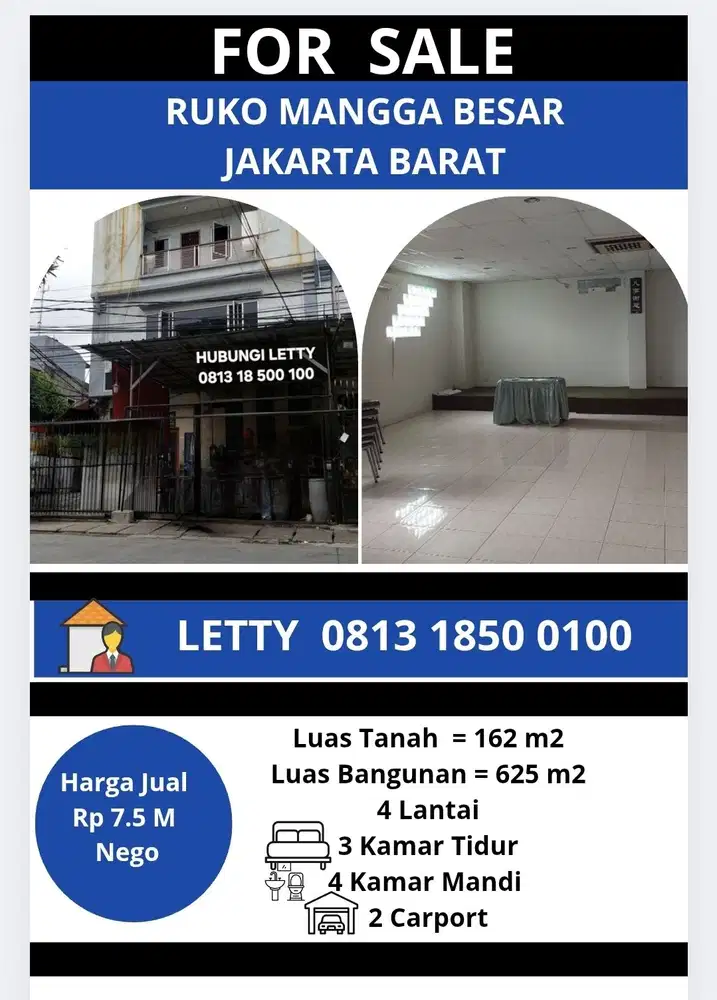 Ruko 4 Lantai Mangga Besar Rp 7.5 M Nego