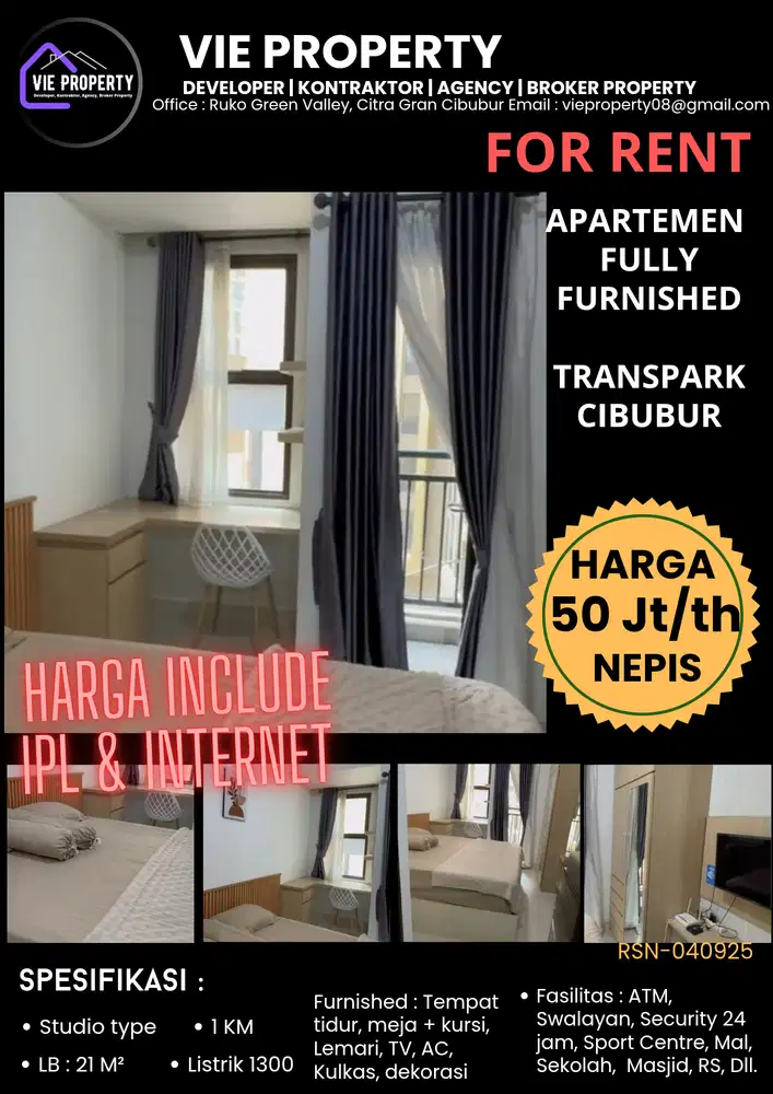 Disewakan murah apartemen Transpark Cibubur include IPL & Internet