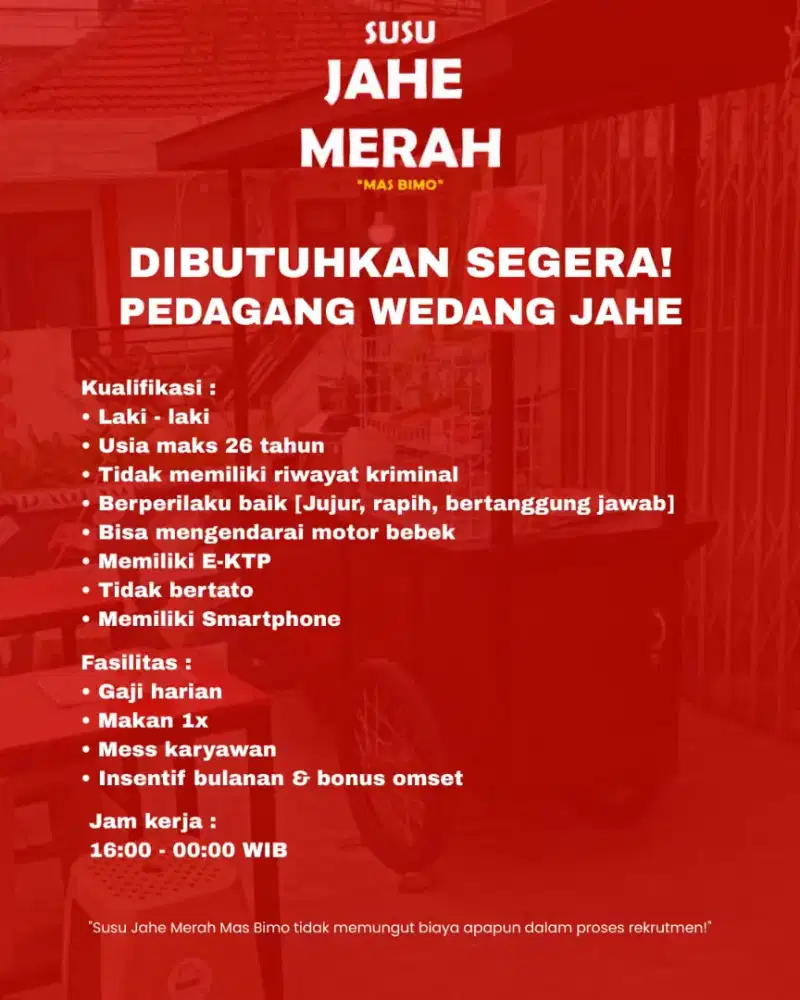 Dibutuhkan segera pedagang susu jahe merah