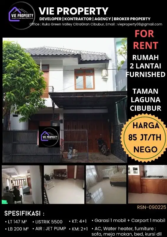 DISEWAKAN CEPAT, RUMAH FURNISHED SIAP HUNI DI TAMAN LAGUNA CIBUBUR