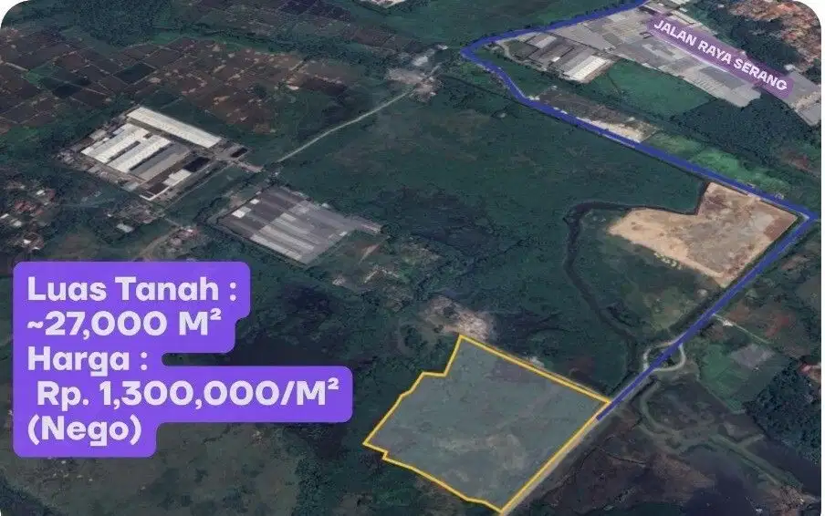 Dijual Cepat Tanah 2.7 Ha untuk Industri / pergudangan