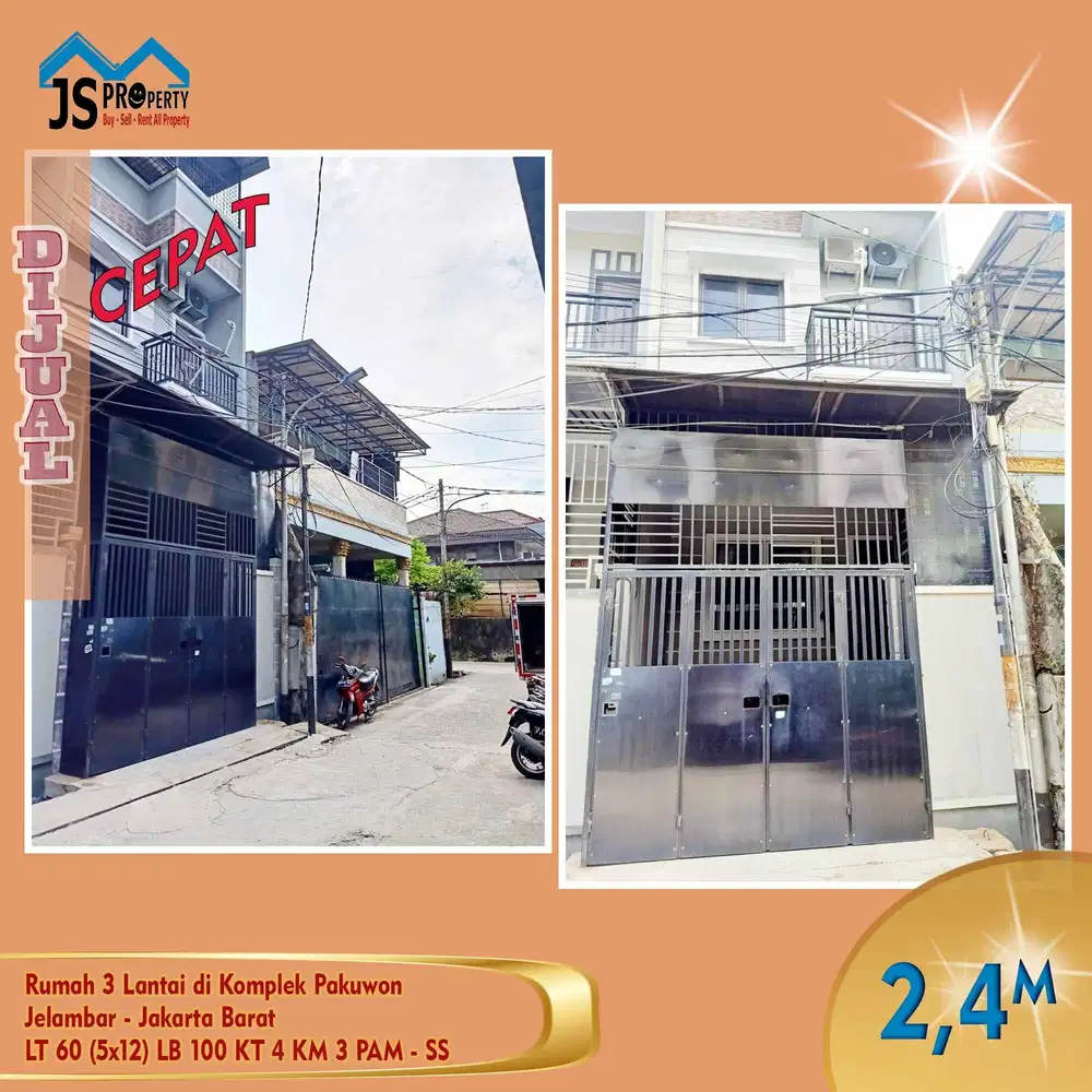 DIJUAL Cepat Rumah 3 Lantai di Komplek Pakuwon Jelambar JakBar - SS