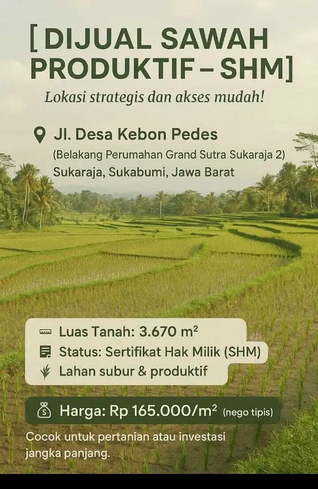 DIJUAL CEPAT SAWAH PRODUKTIF KAWASAN SUKABUMI JAWA BARAT