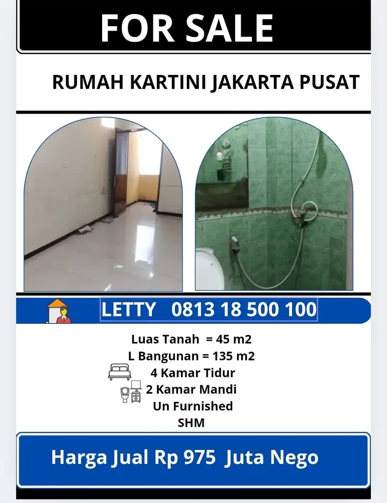 Rumah Kartini 3 Lantai Jakarta Rp 975 Juta Nego