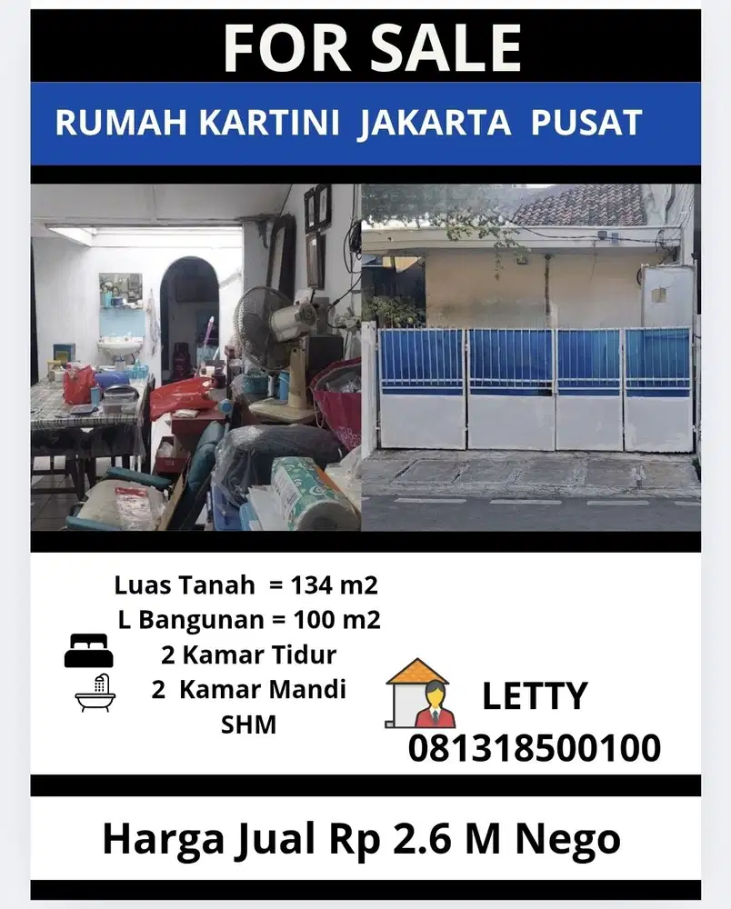 Rumah Kartini Jakarta Pusat Rp 2.6 M Nego