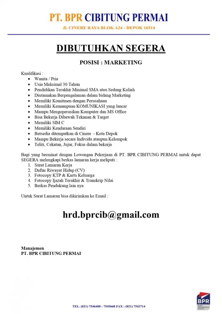 DIBUTUHKAN SEGERA MARKETING