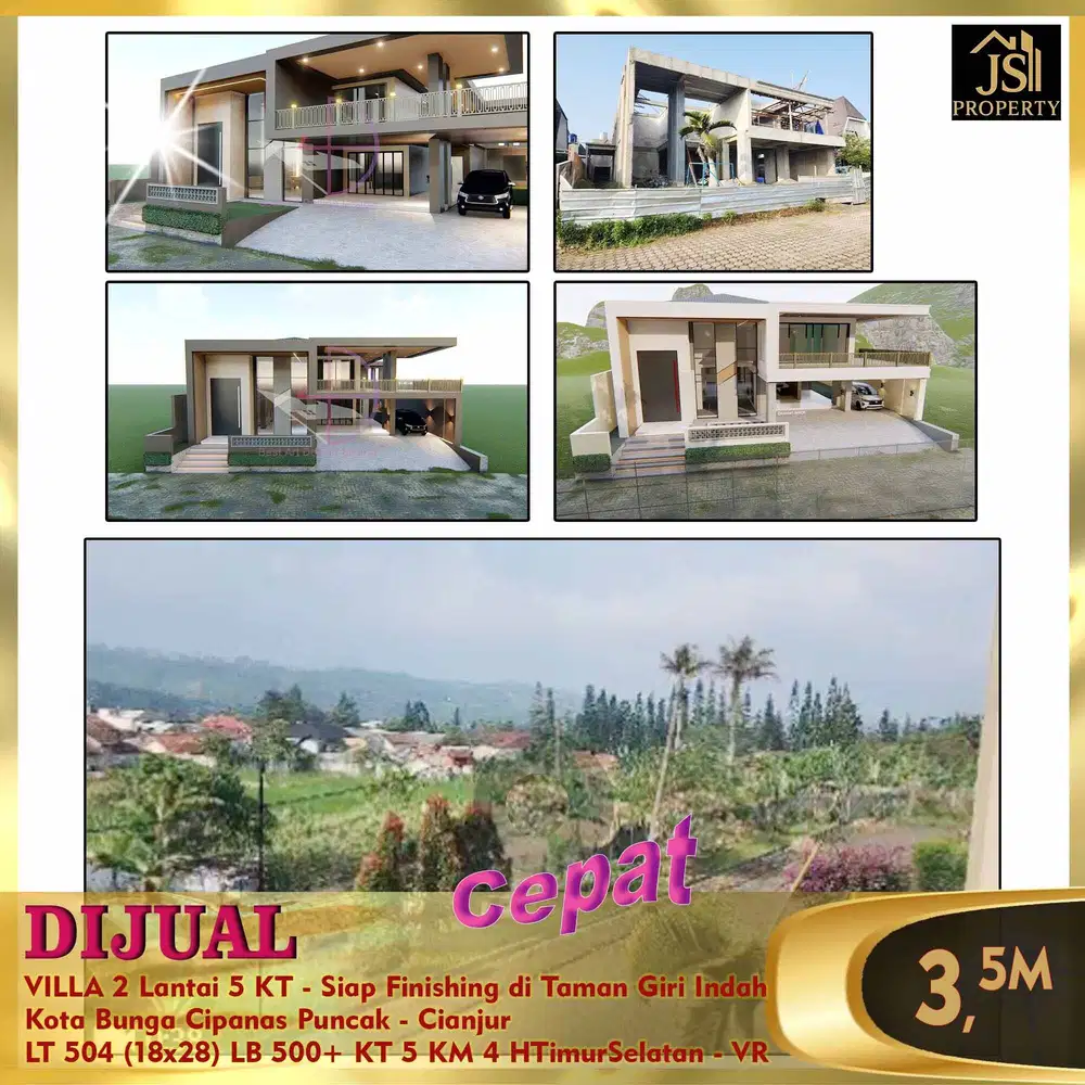 DIJUAL HARGA MURAH SAMPAI DEAL VILLA 2 Lantai  BARU BANGUN Pemandangan Sangat Bagus KT 5 di Taman Giri Inda