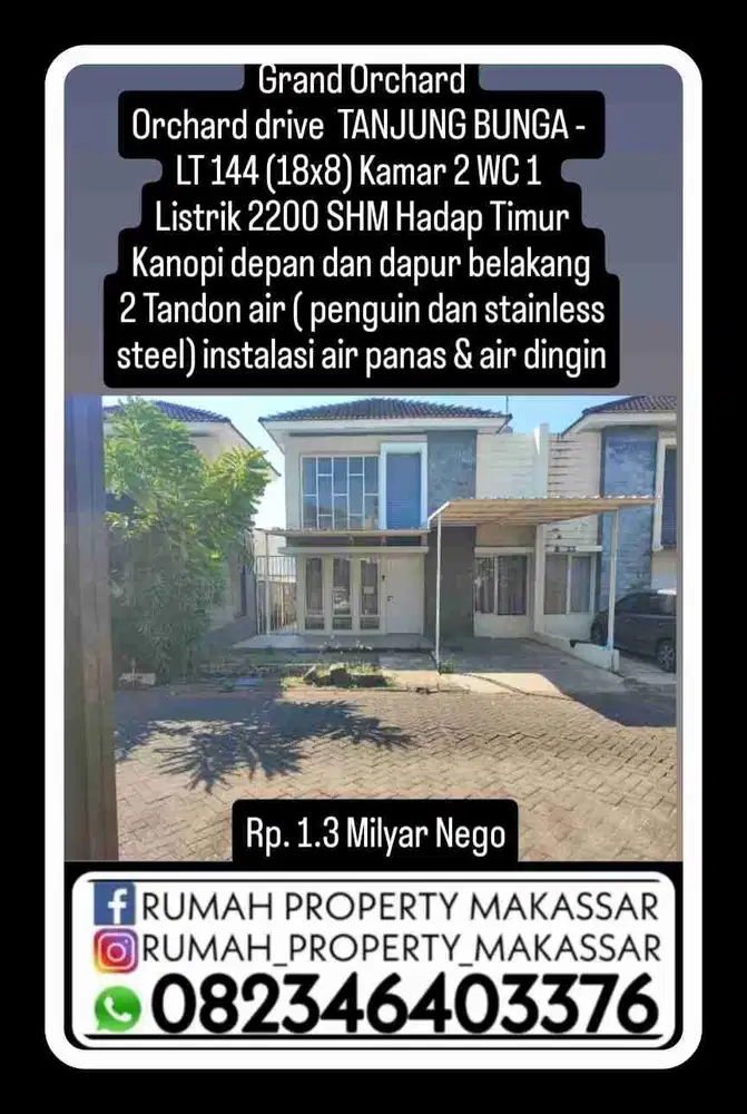 Trn Hrg Jual Cepat Grand Orchard
Orchard drive  TANJUNG BUNGA - 
LT 144 (18x8) Kamar 2 WC 1  2200Watt SHM Hdp Timur
