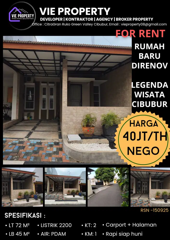 Rumah disewakan murah dibawah pasar Legenda Wisata Cibubur