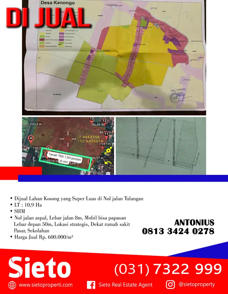 Dijual Lahan Kosong Super Luas dan Terjangkau di Nol jalan Tulangan
