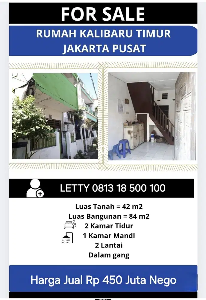 Rumah Kalibaru Jakarta Pusat Rp 450 Juta Nego