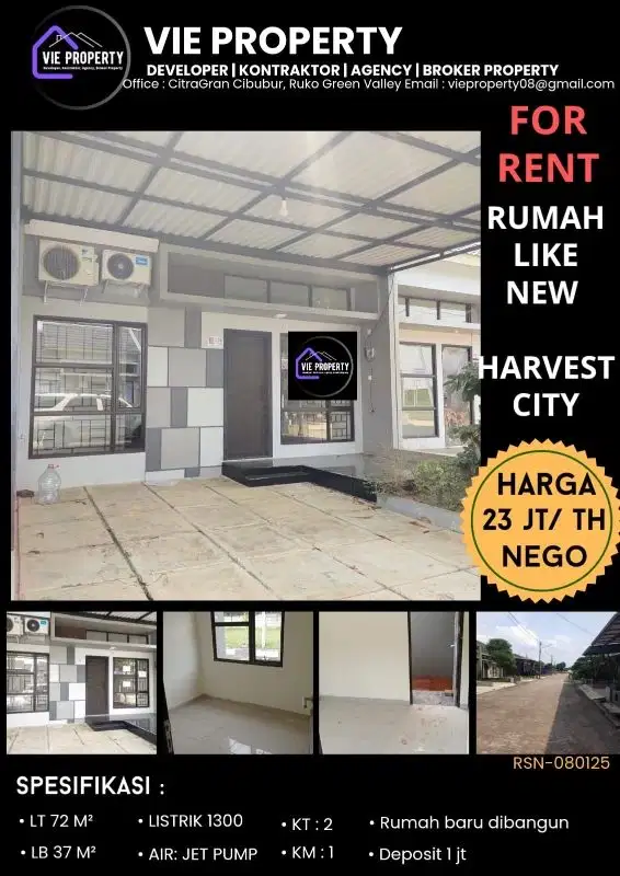 DISEWAKAN MURAH RUMAH BARU DI HARVEST CITY CILEUNGSI BOGOR