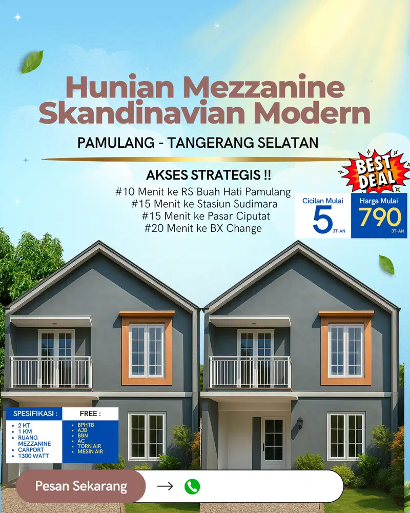 Rumah Mezzanine semi 2 lantai dekat Stasiun Sudimara Free Biaya