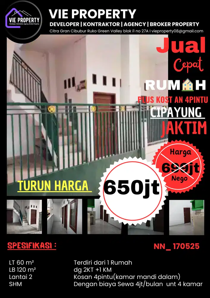 Jual Rumah bonus kosan 4pintu Cipayung