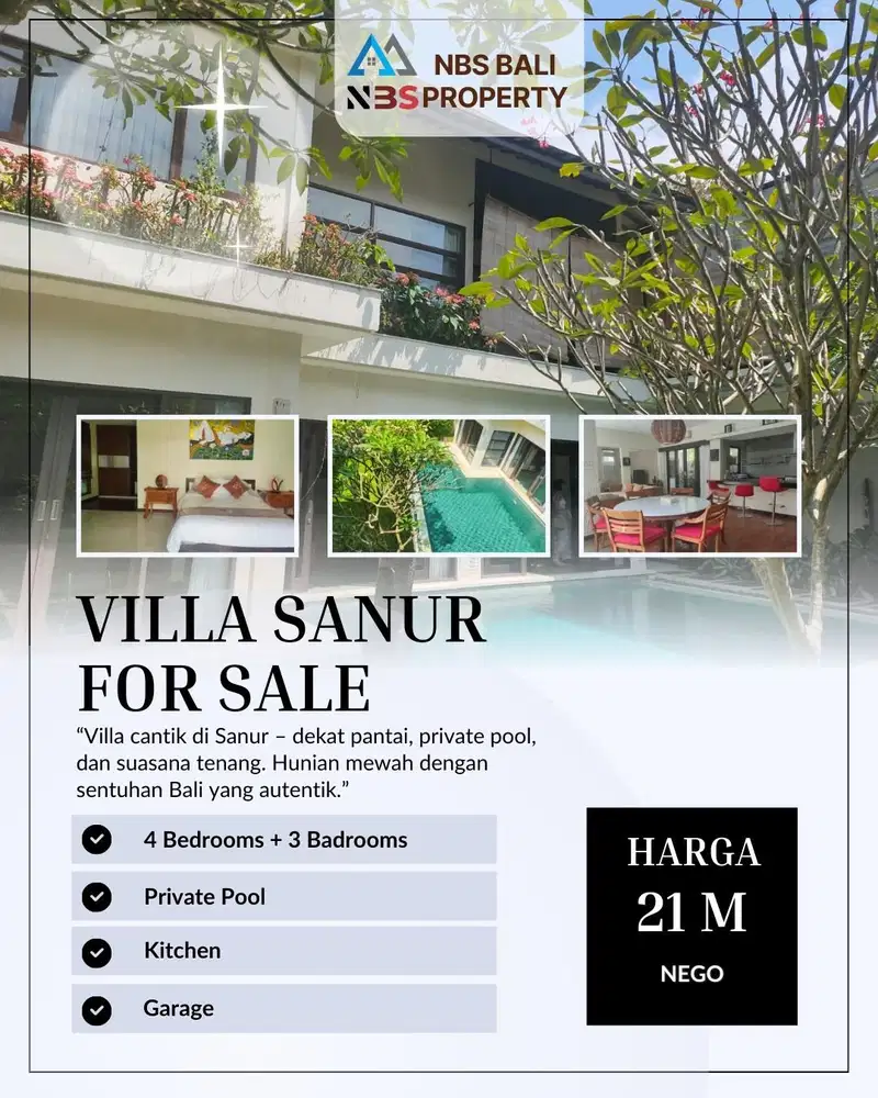 Dijual Villa full furnitur kawasan jl mertasari sanur lokasi strategis