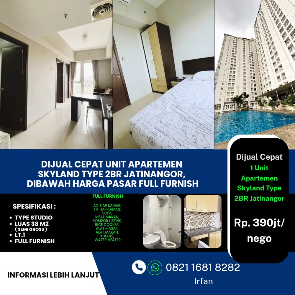 Dijual Cepat Unit Apartemen 
Skyland Type 2br Jatinangor
Dibawah Harga Pasar Full Furnish